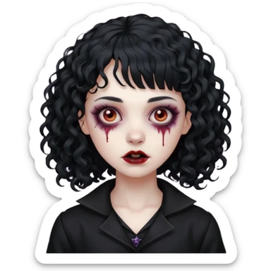 Faça uma mulher zumbi com o cabelo cacheado médio, e uma franja cacheada, cabelo preto e deixe ela meio gótica. sticker