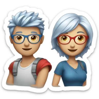 a boy with silver hair and a curvy girl with red hair and blue glasses hugging sticker