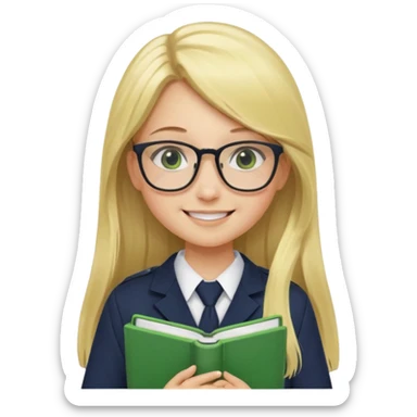 Girl student wearing uniform, glasses, hold green book in front of their chest, blonde long straight hair, white skin sticker