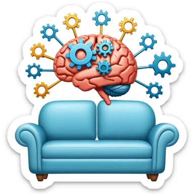 An icon featuring a brain with gears, a mind map, and a therapy couch, symbolizing psychology. The design includes a set of mental health tools, representing understanding the human mind. Transparent background sticker