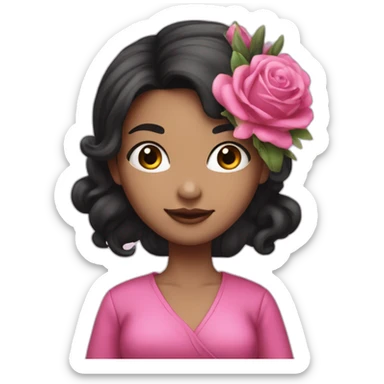 45 degree posting - white skin girl - black hair one bun - wearing crazy pink cloth -holding bouquet sticker