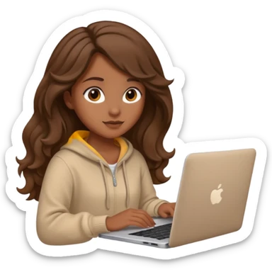 make a picture in ios 18 style of a girl with brown long wavy hair wearing cozy beige clothes and working on a laptop sticker