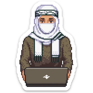 Create a pixel art style image of a man who is a Palestinian person with a laptop, wearing a keffiyeh scarf. The background should be removed, focusing on the character and the laptop. sticker