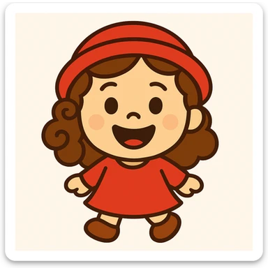 Create an emoji-style icon of a happy little girl with brown curly hair, light skin, wearing a red dress, red hat, and brown shoes. The style is inspired by the logo of Little Lulu, featuring a joyful face. The image should capture the cheerful and playful essence of the character. sticker