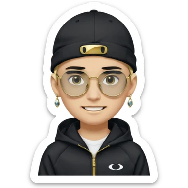 un emoji de un chico emcapuchado blanco, con gorro kalenji, dientes de oro, com uma chaqueta negra nike tech y unas gafas de oakley, con pendientes de diamante, que las gafas sean estilo cuadradas, los pendientes q no se cuelguen, que sean redondos, en las dos cejas un corte sticker