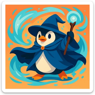 a penguin wizard with a flowing cloak, icy blue magic swirling around, in a fantasy art style sticker