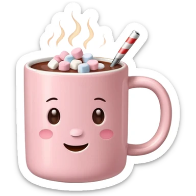 light pink mug with hot chocolate and marshmallows sticker