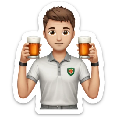 Handsome male.short messy brown hair.mowhawk hairstyle. wearing white golf shirt.grey shorts. Cheersing with jaggermeister sticker