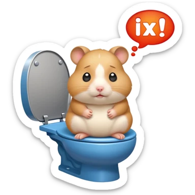 Cute chubby cartoon-style hamster sitting on toilet pooping looking guilty with thought bubble thinking about chilli  sticker