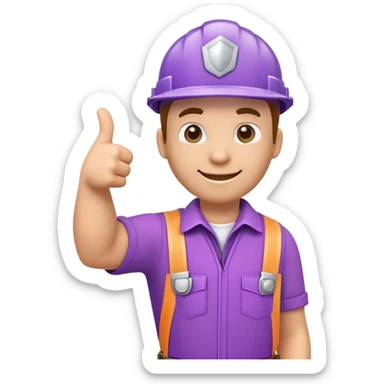 3D emoji of a handyman in purple uniform giving thumbs up, with checkmark and sparkles, happy tone sticker