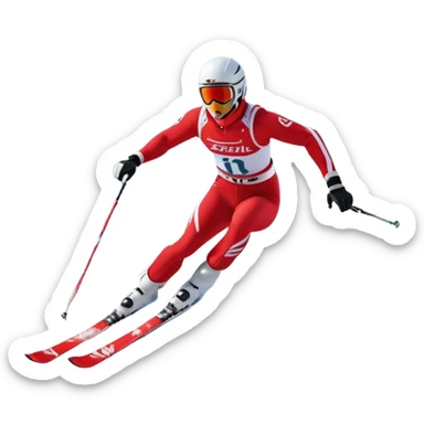 An icon featuring a skier racing down a snow-covered slope, surrounded by snowy peaks, pine trees, and a picturesque mountain landscape. The sky is blue with soft clouds, capturing the thrill and beauty of alpine skiing. Transparent background  sticker