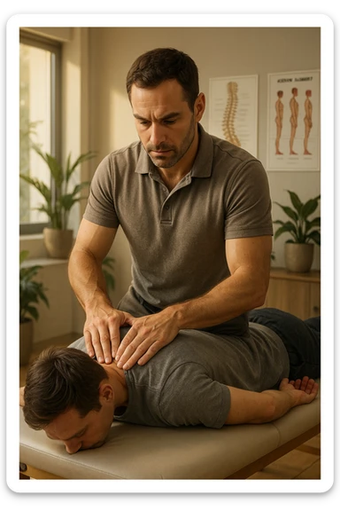 A realistic, cinematic illustration of a professional osteopath in his late 30s, wearing a fitted polo shirt in a neutral color, performing gentle manual manipulations on a patient to improve posture. The osteopath uses precise hand placement along the patient's upper back and cervical spine while the patient lies on a comfortable treatment table in a bright, modern clinic. Anatomical posters showing the spine and posture alignment are on the wall, and the room has warm, natural lighting with plants for a calming atmosphere. The scene emphasizes hands-on osteopathic care to restore body alignment, spinal mobility, and posture, showcasing trust, professionalism, and holistic care sticker