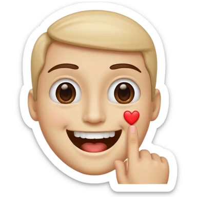 Una cara sonriendo con un dedo entre los dientes en vez de ojo corazones  sticker