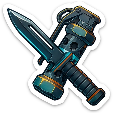 the image is the icon for a videogame  item. futuristic cyberpunk -ready to equip- it is master craftsmanship [ unequipped item ]
It is a crossed combat knife and flashbang - neatly staged 3/4 profile view - orthographic horizontal perspective sticker