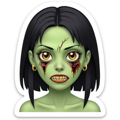 Faça uma zombie mulher bonita verde com olhos castanhos cabelos pretos liso com estilo y2k e com dentes de ouro sticker