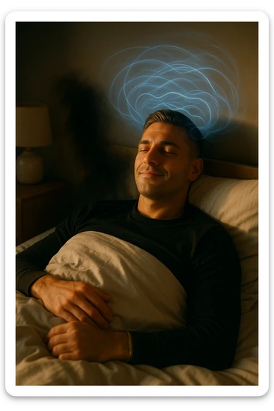 A cinematic image of a man in his mid-30s lying in bed, just waking up from deep sleep. His expression is calm and visibly transformed — a sense of inner peace, relief and subtle joy on his face. Soft morning light enters the room, casting gentle golden tones over his features. His eyes sono ancora semi chiusi, ma il viso è disteso, come se un grande peso fosse stato rilasciato durante la notte. Accanto a lui, simbolicamente sfocato, un’ombra o un alone scuro si dissolve, rappresentando il malessere notturno superato. Intorno alla sua testa, leggere onde di luce azzurra o bianca simboleggiano l’attività cerebrale rigenerativa della fase REM. La camera è ordinata, minimalista, con materiali naturali. L’atmosfera è serena, rigenerativa, intima. Shot in 35mm film style, high realism, shallow depth of field, warm highlights and clean shadows. sticker