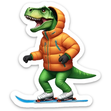 Tyrannosaurus rex downhill skiing wearing a puffer jacket, vibrant colors sticker