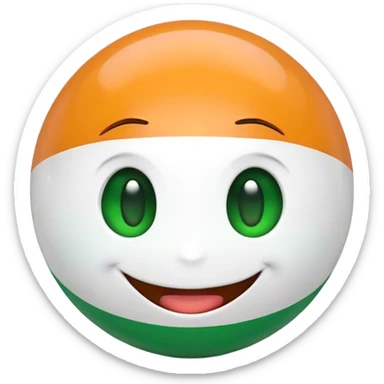 "A 2D-rendered, glossy, spherical emoji with a cheerful smiling face. The sphere is painted with the colors of the Indian flag—saffron on top, white in the middle, and green at the bottom. The emoji has large, shiny green eyes with black pupils, reflecting light for a cute and friendly expression. The background is plain white, making the vibrant colors and glossy texture of the sphere stand out. The overall style is smooth and cartoon-like, with a polished and modern look." sticker