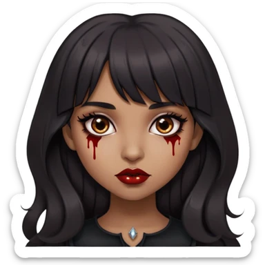 Brown girl but not too dark, super black hair, wavy hair and straight bangs, brown eyes, vampiric or gothic appearance, a little blood only on the lips, skin tone is kind of brown, she's not that tanned  sticker