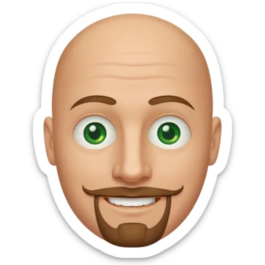 white caucasian bald man's face, with brown goatee and green eyes, oval face, rounded, big sticker