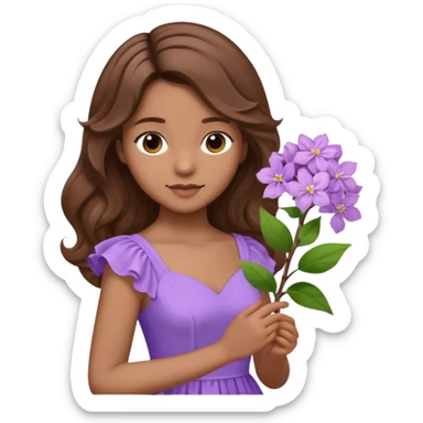 Menina parda/branca de cabelo ondulado castanho partido de lado com uma flor lilás e vestido lilás sticker