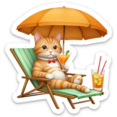 Cat relaxing on a beach chair, sipping a mai tai cocktail with umbrella sticker