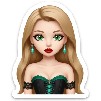 pretty bratz girl, long straight LIGHT BROWN HAIR, jade green eyes, black eyeliner, pale skin, black corset clothes with laces sticker