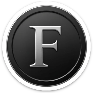Emoji icon of a black coin with engraved letter F, minimalist style, isolated, no color sticker