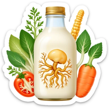 Probiotic foods (yogurt, kefir, kombucha bottle, miso, kimchi, sauerkraut) surrounding a glowing intestinal system. Tiny beneficial bacteria represented as golden particles flow between the foods and the intestine, creating a garden-like ecosystem of inner harmony and health. sticker