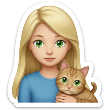 blonde girl with long blonde hair and blue eyes with tabby brown cat with green eyes and chubby gray cat with big green eyes sticker