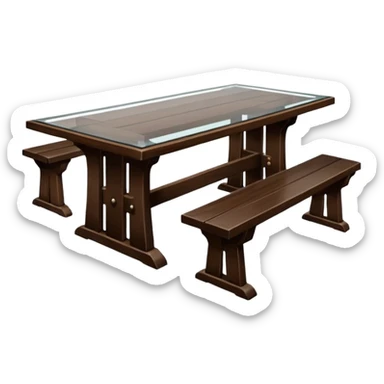 A glass topped rectangular trestle table with a bench on each long sided  and a high-backed throne on each short side sticker
