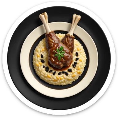 Lamb Shanks with Risotto Nero on a black plate, top view sticker