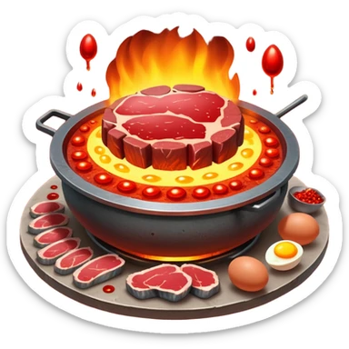 Iron-rich foods (liver, steak, sardines, dark chicken meat, egg yolk) surrounding a glowing forge that transforms them into bright red blood cells. The blood cells carry tiny oxygen molecules throughout a luminous outline of a body, bringing energy to muscles and vital organs. sticker