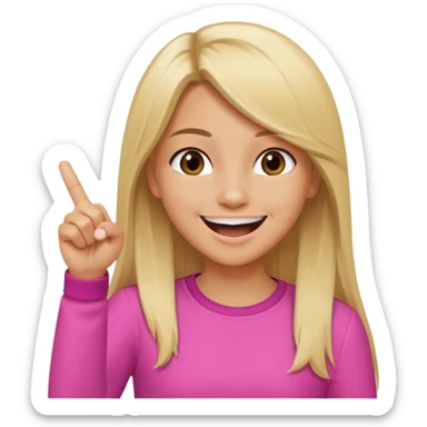 blonde tan girl with long straight hair brown eyes laughing and pointing forward with one fringer  wearing oink  sticker