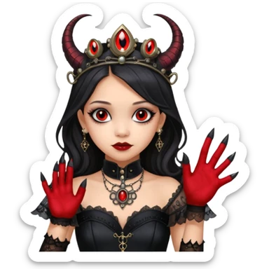 Slim fitting Holed and worn Lavish black evening gown with see-through gloves, Jenna Ortega as Addams woman wearing a steampunk mini tiara, very large blood red evil-looking horned old dragon evil eyes  sticker