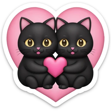 two fat cute black cats love, pink heart, closed mouth, black ears sticker