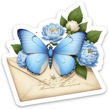 A delicate still life of a pale blue butterfly resting on an aged love letter, sealed with golden wax, accompanied by a bouquet of white peonies and soft blue hydrangeas, with pearl beads scattered nearby.
 sticker