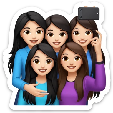 3 girl friends, one with black long hair light skin. one with brown hair long and the last girl one with black with brown medium length hair. Glammed up and hugging  and one talking a selfie and all of them smiling and looking girly all same skin tone  sticker