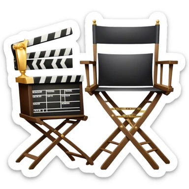 Icon for Directing: a director's chair, a film slate, a megaphone, a stage set with lights and an Oscar statuette. The icon should represent the creative and leadership aspects of directing, with focus on film and theater production. Transparent background. sticker