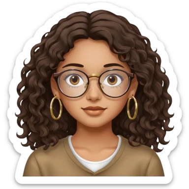 Make a girl with dark brown wavy hair and brown eyes she's tan latina and she has clear glasses and small hold hoop earings sticker