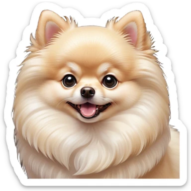 Cinematic Comical Cream Pomeranian Portrait Emoji, Head tilted dramatically with an exaggeratedly shocked or amused expression, featuring a glossy, fluffy cream Fur with a radiant sheen, wide, expressive dark eyes filled with playful disbelief, Simplified yet hilariously expressive features, highly detailed, glowing with a slightly sassy glow, high shine, dramatic yet playful, stylized with an air of cheeky mischief, bright and endearing, soft glowing outline, capturing the essence of a spirited and over-the-top companion, so meme-worthy it feels like it could side-eye its way into internet fame instantly! sticker