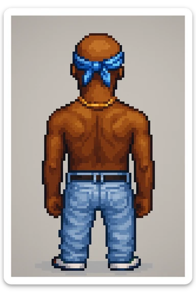 2Pac in the style of pixel art, back view, with a gold chain sticker