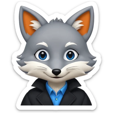 Grey anthropomorphic furry fox with a black coat, blue eyes, and a small fringe of black hair, smiling sticker