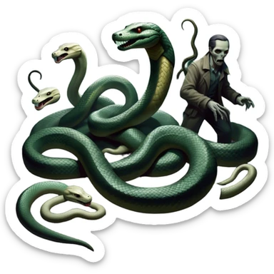 Thriller Movie Icon: A dramatic, close-up collage with sinister villains, a slithering anaconda, and zombie figures emerging from the shadows. Dark and moody atmosphere with eerie lighting, tension-filled elements. Transparent background. sticker