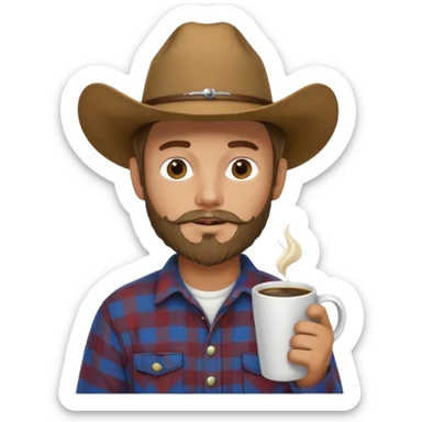 generate an ios genmoji of a 20 year old tan boy with a cowboy hat and mutton chop beard. Wearing a flannel and carrying a coffee mug sticker