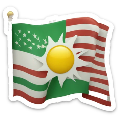 A flag with a red stripe at the top white stripe in the middle and green strip at the bottom with a sun in the middle sticker