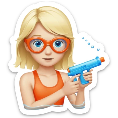 Blond 18 year old with blue eyes, wearing swim goggles and holding a water gun sticker