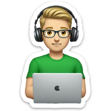 white young man with light brown hair and square glasses and blue eyes wearing green t-shirt with laptop and headphones sticker