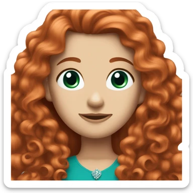 a white girl with long curly red hair and a teal dress and a tiara sticker
