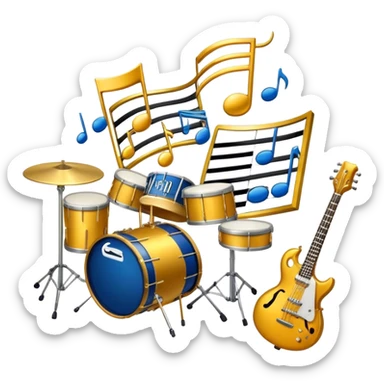 Create an elegant and artistic emoji that represents music arrangement and orchestration. The design should feature musical notes, a set of piano keys, a drum set, and an electric guitar to symbolize the diverse elements of orchestration and arrangement. Include a conductor's baton to emphasize the role of a conductor in bringing all the instruments together. Use a mix of rich colors like gold, silver, and deep blue for sophistication, and add flowing lines to represent the harmony between different instruments. The background should be transparent. sticker